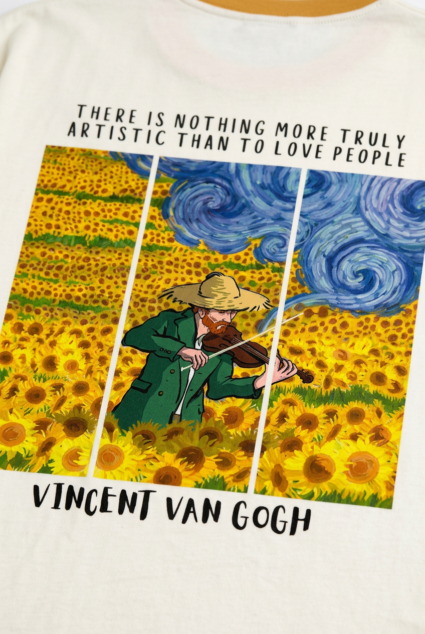 Vincent van Gogh Starry Night & Sunflowers Art Ringer T-Shirt | Unisex Cotton Graphic Tee